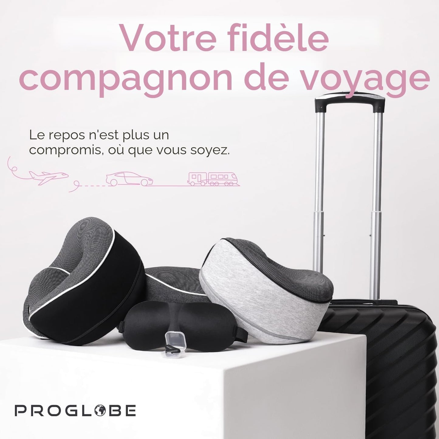 Proglobe Orthopädisches Nackenkissen Reise-Nackenkissen für Flugzeuge, Memory Foam Kit, aktualisiertes Ruhematerial, Flugreise-Set mit 3D-konturierter Augenmaske, Ohrstöpseln und luxuriösem Netzbeutel (Grau)