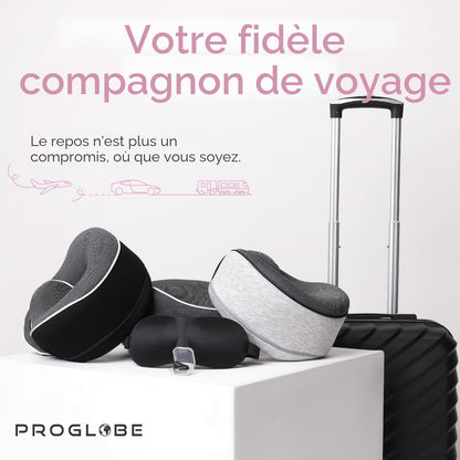 Proglobe Orthopädisches Nackenkissen Reise-Nackenkissen für Flugzeuge, Memory Foam Kit, aktualisiertes Ruhematerial, Flugreise-Set mit 3D-konturierter Augenmaske, Ohrstöpseln und luxuriösem Netzbeutel (Grau)