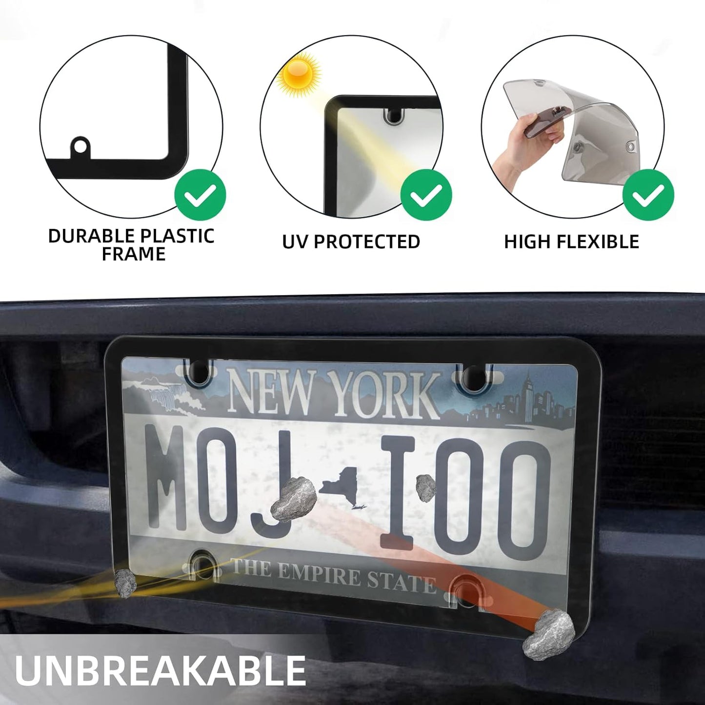 2er Pack Auto Getönte Nummernschildabdeckungen Rahmen Schild Combo - Unzerbrechliche Getönte Nummernschildabdeckung Passend für Alle Standard US-Kennzeichen, Blasen-Design Nummernschildhalter mit Schrauben & Kappen (Schwarz)