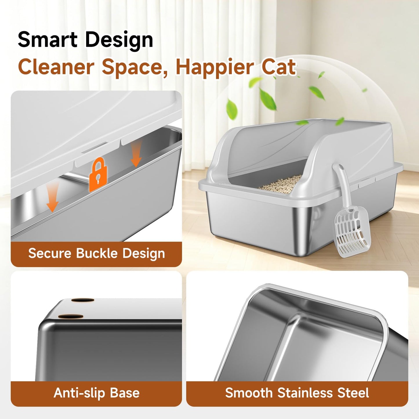 Stainless Steel Cat Litter Box, Odor Free Metal Litter Box with High Sides Lid, Open Top Low Entry Litter Pan Include Scoop Easy Cleaning Anti-Scratch Kitty Cat Box Anti-Urine Leakage, Non-Sticky