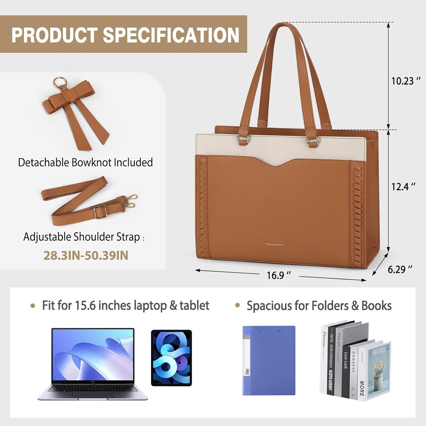 RAINSMORE Laptop Bag for Women 15.6 Inch Work Tote Bag with Detachable Strap & Bow Leather Laptop Tote with Cup Holder
