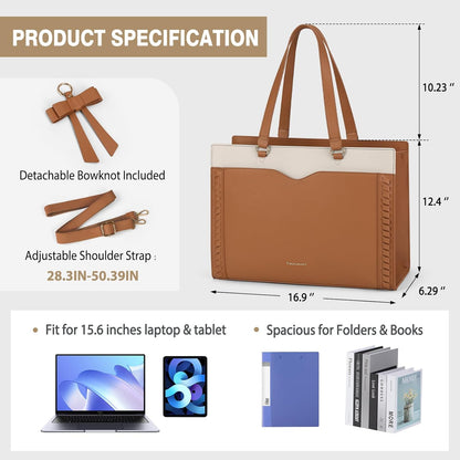 RAINSMORE Laptop Bag for Women 15.6 Inch Work Tote Bag with Detachable Strap & Bow Leather Laptop Tote with Cup Holder