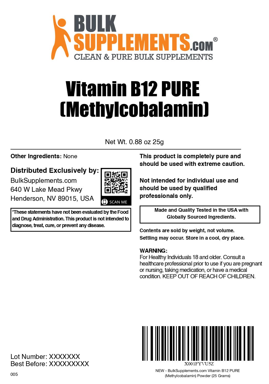 BulkSupplements.com Pure Vitamin B12 Methylcobalamin Powder - Vitamin B12 Supplements - Pure Product, Multiple Servings, 100g (3.5 oz) (Pack of 1)