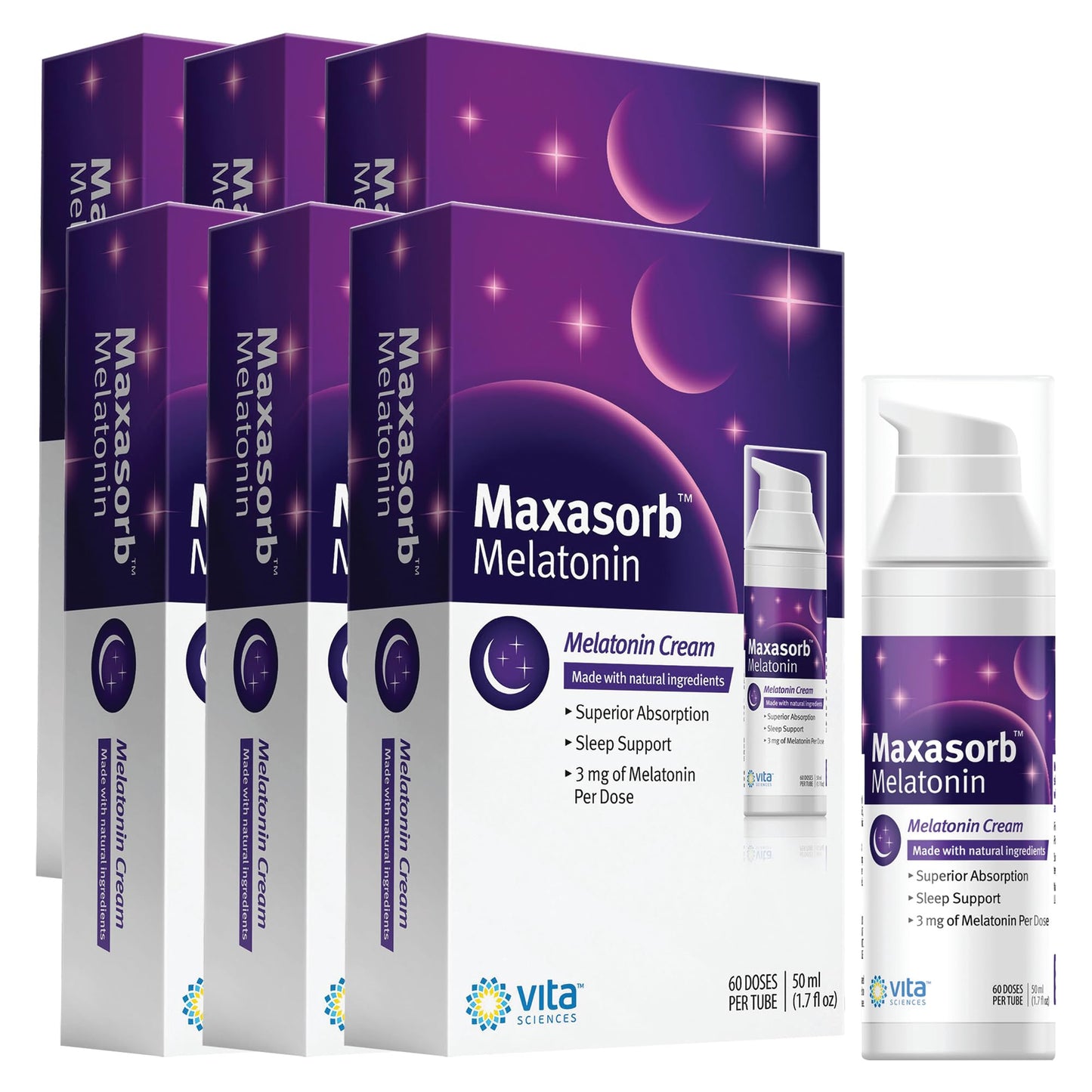 Vita Sciences Maxasorb Melatonin Cream for Sleep Rich Melatonin 3mg - Melatonin Night Cream - Unscented Melatonin 3 Mg. Topical Melatonin Lotion Can Be Used For Face and Body - Pack of 3