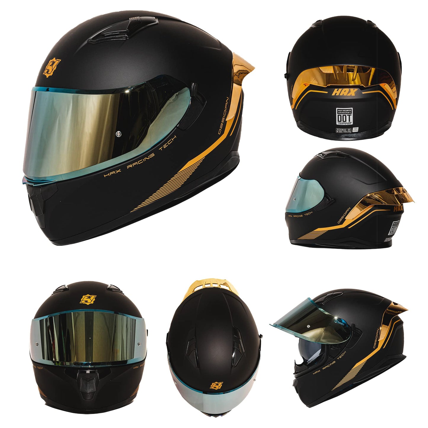 HAX Obsidian Full Face Dual Visor Adult Motorcycle Helmet for Motorbike Street Bike with Pinlock Ready DOT Approved Matte Black Gold L