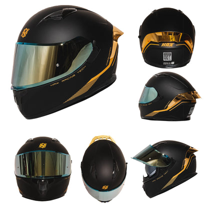 HAX Obsidian Full Face Dual Visor Adult Motorcycle Helmet for Motorbike Street Bike with Pinlock Ready DOT Approved Matte Black Gold L