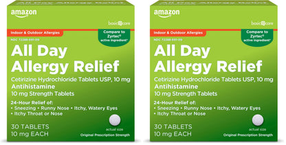 Amazon Basic Care All Day Allergy,Cetirizine Hydrochloride Tablets,10 mg,24-Hour Relief for Sneezing,Runny Nose,Itchy Eyes&Throat,Indoor&Outdoor Allergy Relief,30 Count (Packaging may vary)(Pack of 2)