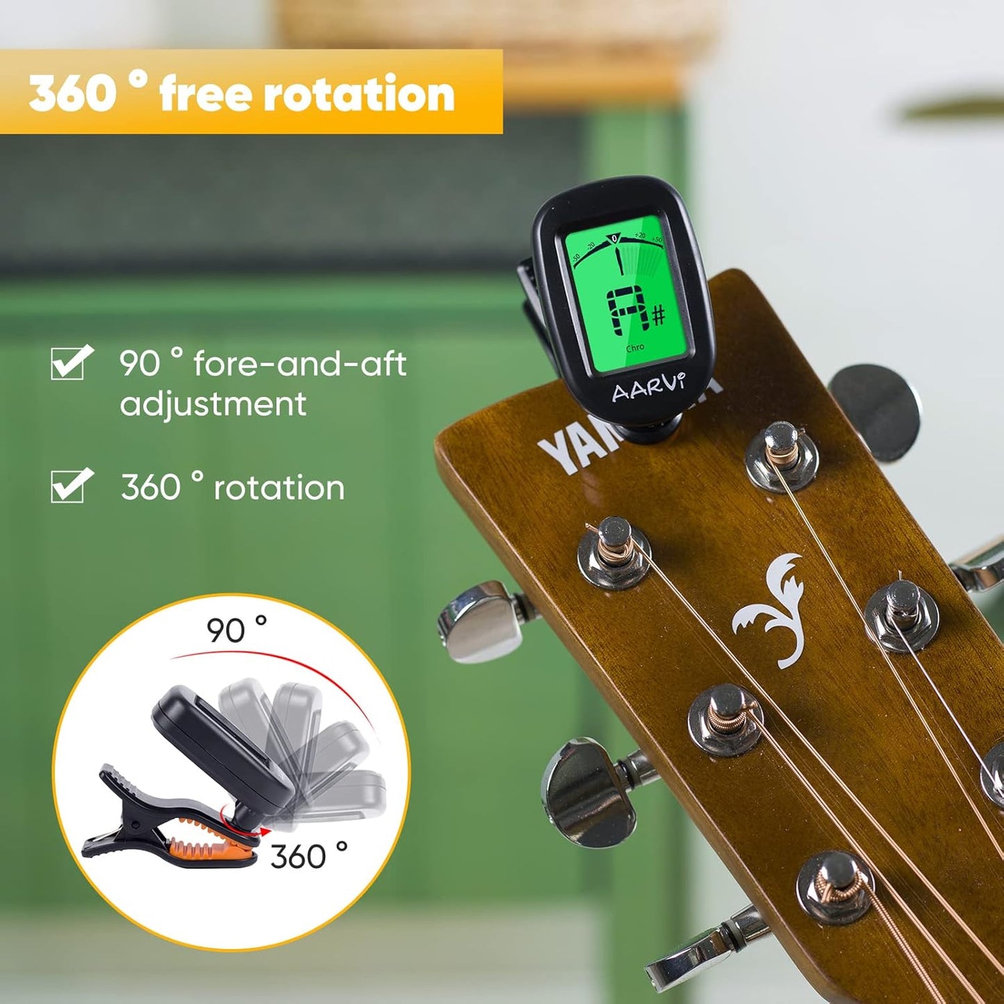 AARVI Clip-On Gitarrenstimmgerät für alle Instrumente, Akustik-/E-Gitarre, Ukulele, Bass, Violine, Banjo, großes, klares LCD-Display zum Stimmen der Gitarre, chromatisches Stimmgerät, 4 Gitarrenplektren inklusive