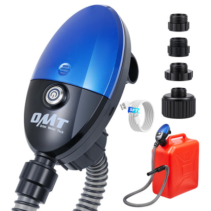 Orion Motor Tech Electric Fuel Transfer Pump with Auto-Shutoff, 3.2GPM Gas Can Pump, 51" Hose, USB-C & AA Battery (NO BATTERIES INCLUDED) Powered, 4 Adapters for Gasoline, Diesel, Kerosene, Blue
