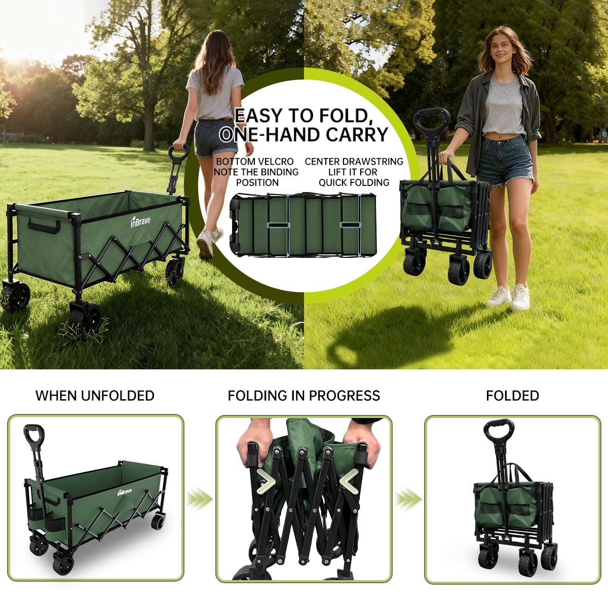 Extra Long Collapsible Wagon Cart, 480LBS Heavy Duty Utility Wagons with All-Terrain Wheels, Foldable Grocery Carts for Gardening, Shopping, Beach, Camping, Black