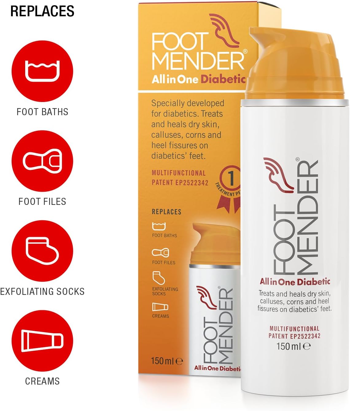 Footmender All in One Diabetic | Medically Proven, an Effictive Foot Cream | Treat and Heal Your Dry Feet, Hard Skin, Corns and Cracked Heels | Significant Effect After First Treatment | 150 ml