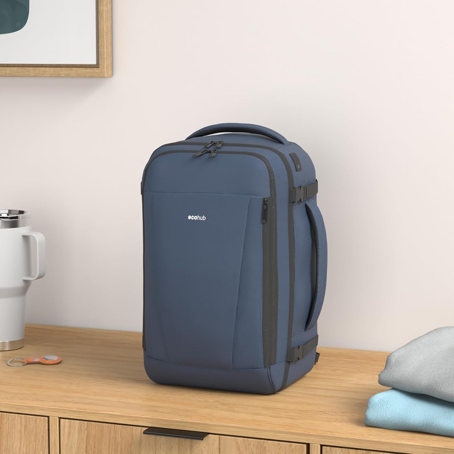 ECOHUB 16'' Reise-Rucksack Handgepäck Unterseat-Rucksack Persönlicher Gegenstand Flugzeug-Reisetasche mit 13 Taschen Handgepäck Flaschenhalter USB-Ladeanschluss Casual Daypack für Frauen Männer Schwarz