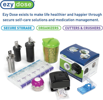 Ezy Dose Pill Cutter and Splitter with Dispenser | Cuts Pills, Vitamins, Tablets | Safety Shield Blade | Travel Sized | Pack of 6