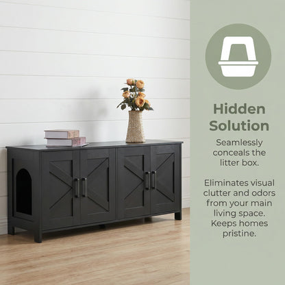 Homhedy Cat Litter Box Enclosure, Wooden Cat Washroom Furniture with Barn Door, Pet House, Fit Most of Litter Box, White