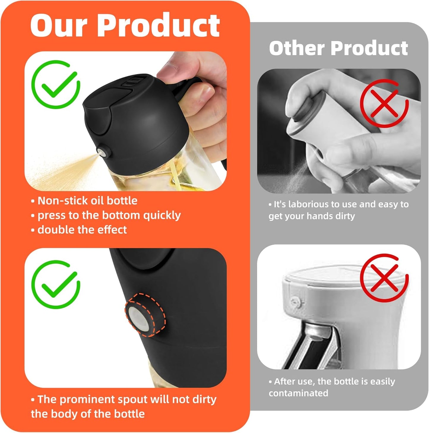TrendPlain 470ml Olivenölsprühflasche für Küchengeräte – 2-in-1 Olivenölspenderflasche und Airfryer-Zubehör zum Kochen, für Salate und BBQ – Schwarz