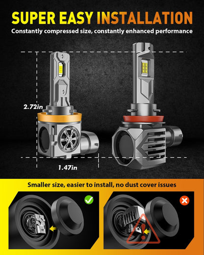 Termitor 9005/HB3 H11/H8/H9 LED Bulbs Combo, 150,000LM insane Brightness, Real 1:1 Mini Size, 6500K White, 70,000Hrs Long Service Life with cooling Fans, Plug N Play, Pack of 4