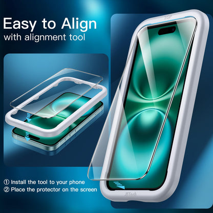 JETech Displayschutzfolie für iPhone 16 6,1 Zoll, gehärtetes Glas mit einfachem Installationstool, Case-Friendly, HD Klar, 3 Stück