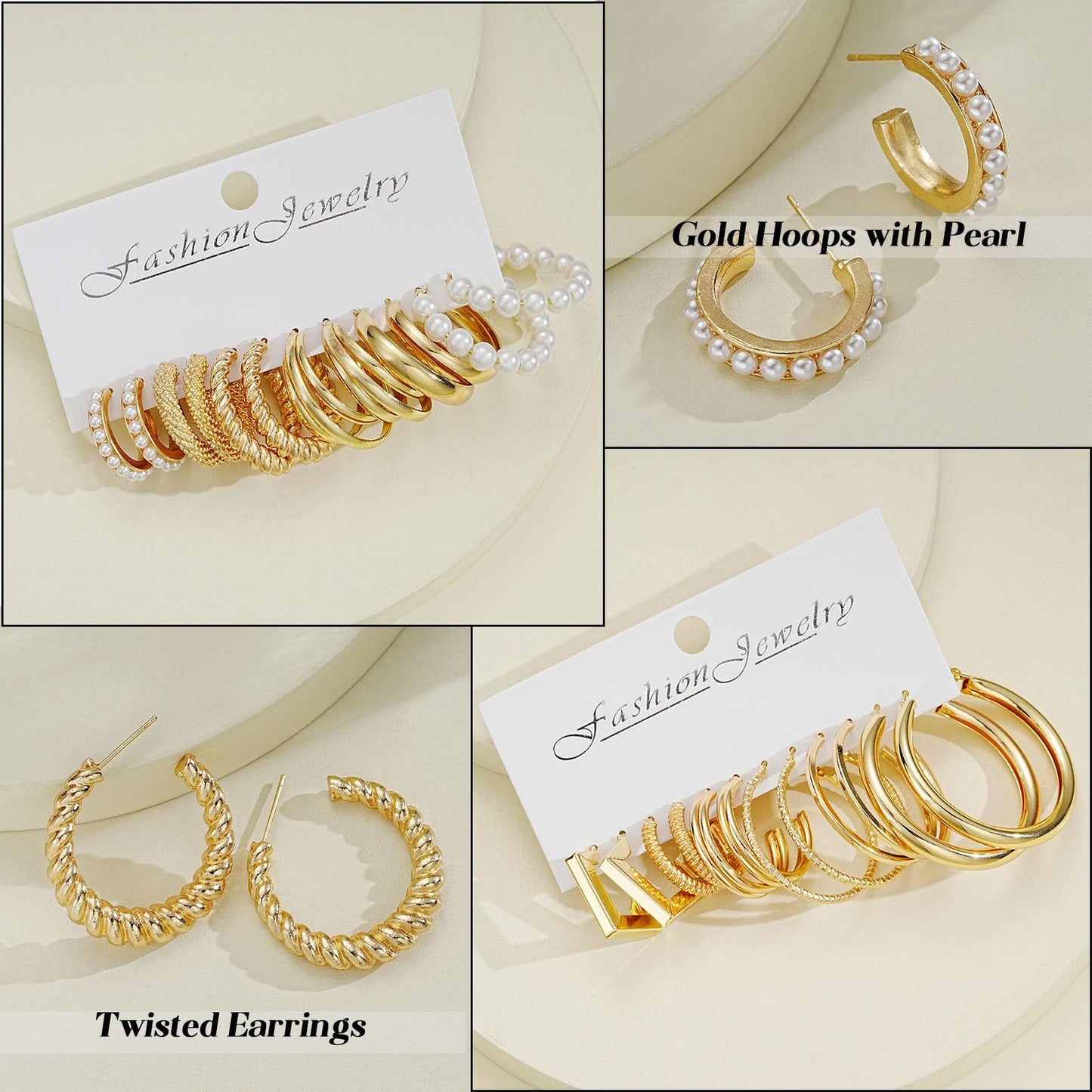 42 Paar goldene Creolen für Damen, Modisches klobiges Perlenohrring-Multipack, gedrehter Statement-Ohrring-Pack, hypoallergene kleine große Creolen für Geburtstagsfeiern (Gold-42 Paare)