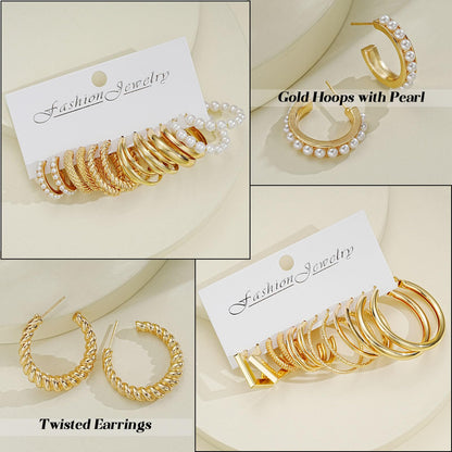 42 Paar goldene Creolen für Damen, Modisches klobiges Perlenohrring-Multipack, gedrehter Statement-Ohrring-Pack, hypoallergene kleine große Creolen für Geburtstagsfeiern (Gold-42 Paare)