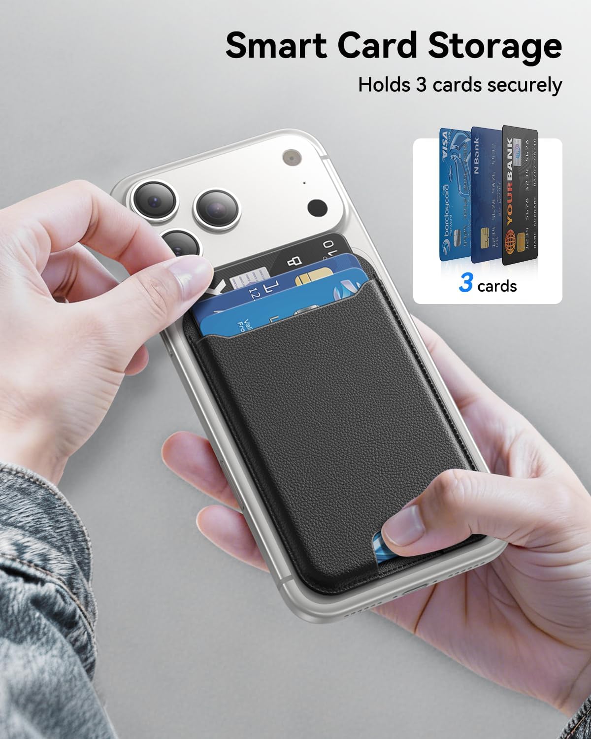 für MagSafe Wallet, 3 Kartenfächer, magnetische schlanke Handy-Geldbörse für iPhone 17/16/15/14/13/12 Pro Max Plus Air Serie, RFID-blockierendes veganes Leder, Schwarz