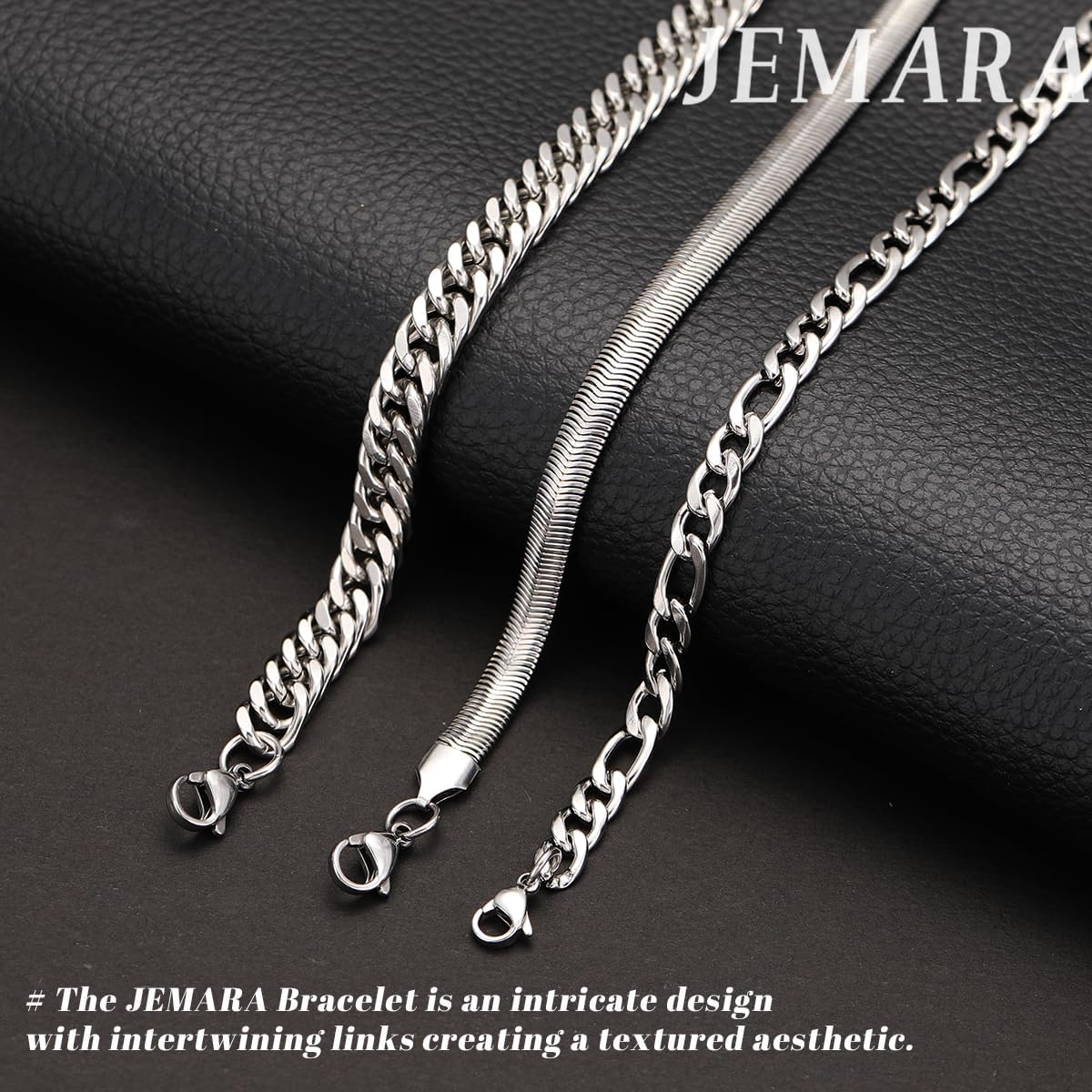 3 Stück Herren Silber Armbänder, robustes Curb Edelstahl Breite Schlangenkette Figaro Cuban Armband Set 7/7.8+1.2 Zoll verstellbares Stapel-Silberkettenarmband für Männer