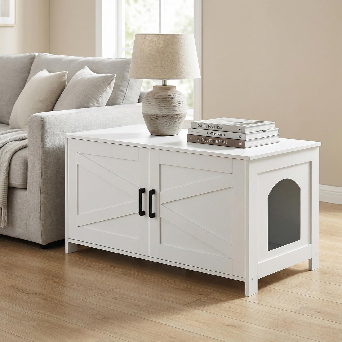 Homhedy Cat Litter Box Enclosure, Wooden Cat Washroom Furniture with Barn Door, Pet House, Fit Most of Litter Box, White