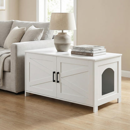Homhedy Cat Litter Box Enclosure, Wooden Cat Washroom Furniture with Barn Door, Pet House, Fit Most of Litter Box, White