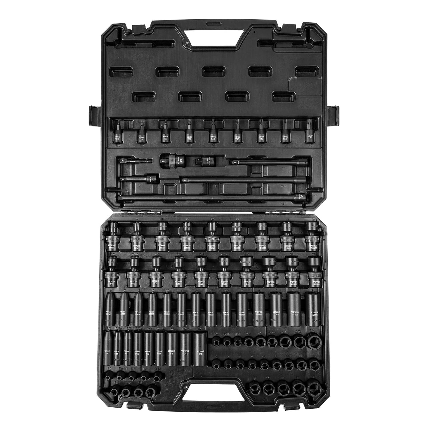 VEVOR 91-Piece 1/2" Drive Impact Socket Set, SAE (5/16" to 1-1/4") & Metric (8 to 32 mm), CR-V, Deep & Shallow, 6 Point, Ratchet Handle, Universal Joint, Adapters, Extension Bars (3, 5, 10 in)