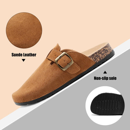 YorFotMae Women's Suede Clogs Mens Leather Mules Comfort Cork Footbed Antislip House Sandals Arch Support Potato Shoes with Adjustable Buckle