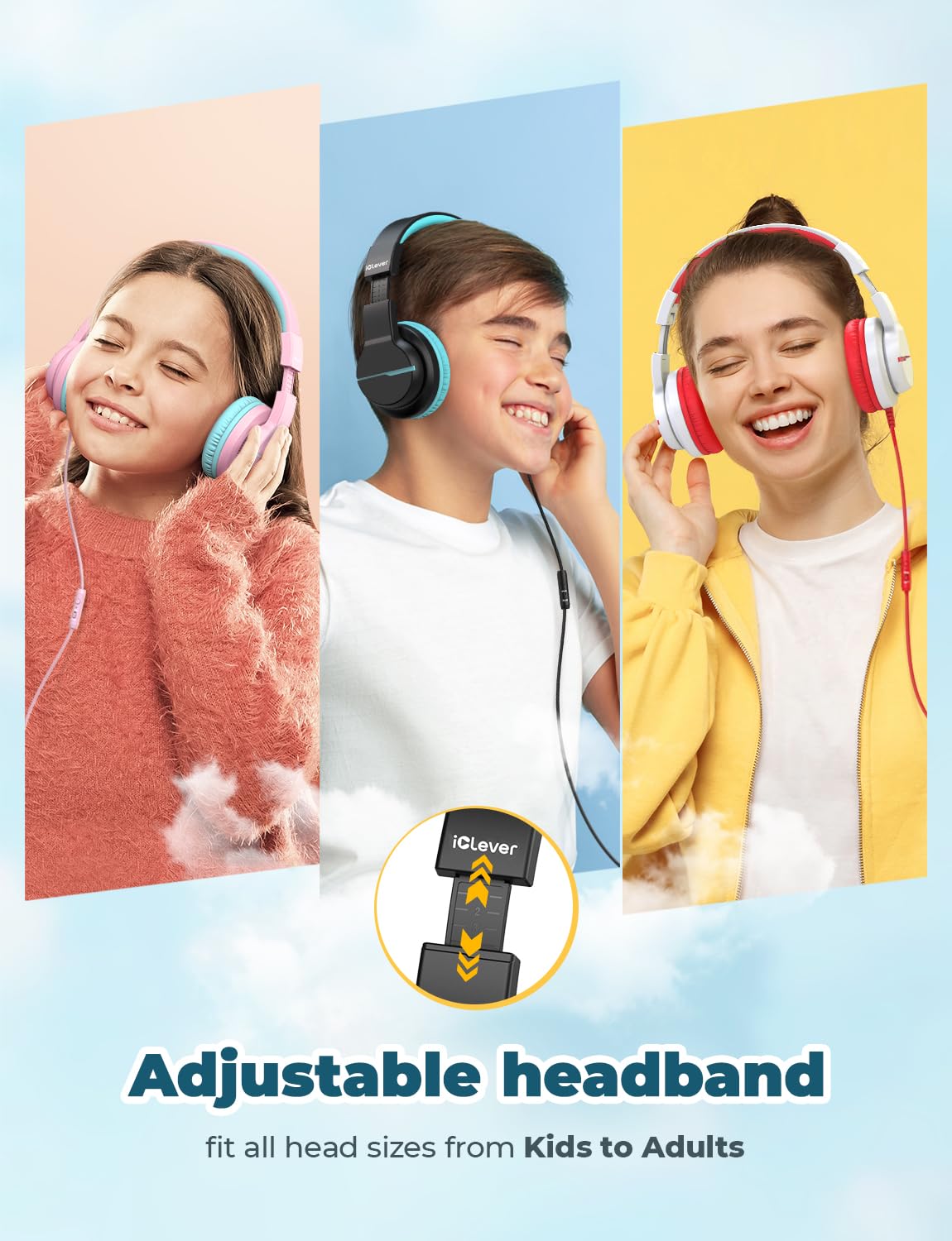 iClever Kinderkopfhörer für Schule und Reisen, sichere Lautstärkebegrenzung, HD-Mikrofon, Stereo-Sound Over-Ear-Kopfhörer für Mädchen und Jungen, FunShare Faltbar, 3,5 mm kabelgebunden für iPad Computer, HS19