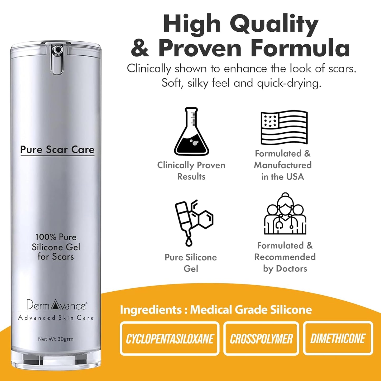 DermAvance Pure Scar Care "Medical Grade Silicone Gel" for Surgical and Facial Marks - Silicone Cream for Effective Scar Management - 1.05822 fl oz (30g), Clear