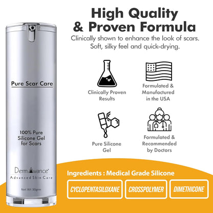 DermAvance Pure Scar Care "Medical Grade Silicone Gel" for Surgical and Facial Marks - Silicone Cream for Effective Scar Management - 1.05822 fl oz (30g), Clear