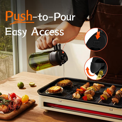 TrendPlain Botella dispensadora de aceite de oliva de 470 ml para utensilios de cocina - Dispensador y pulverizador 2 en 1 - Pulverizador de aceite de oliva con pegatinas (bloqueo de luz) - Sin BPA - Negro