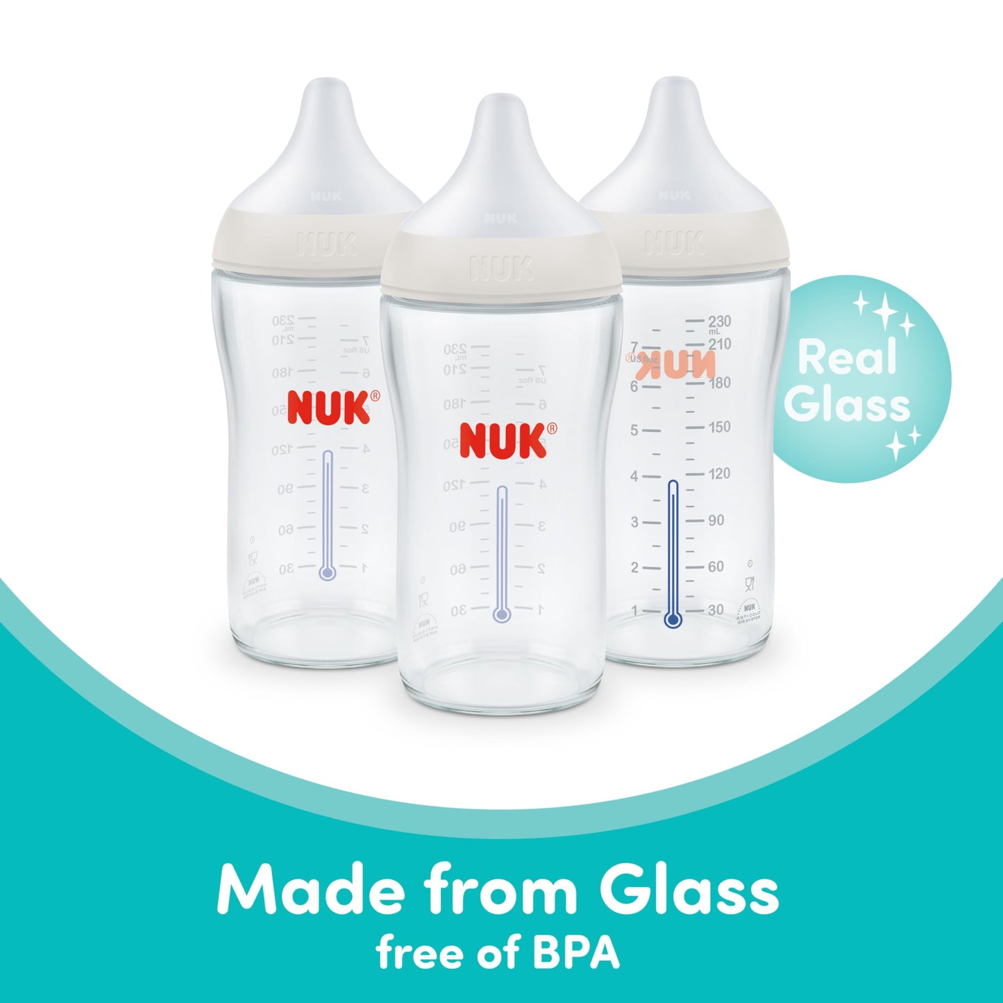 NUK Perfect Match Glass Natural + Anti-Colic Bottle, 8 oz. Glass Baby Bottles with SafeTemp Temperature Indicator, Newborn Essentials, 3-Pack