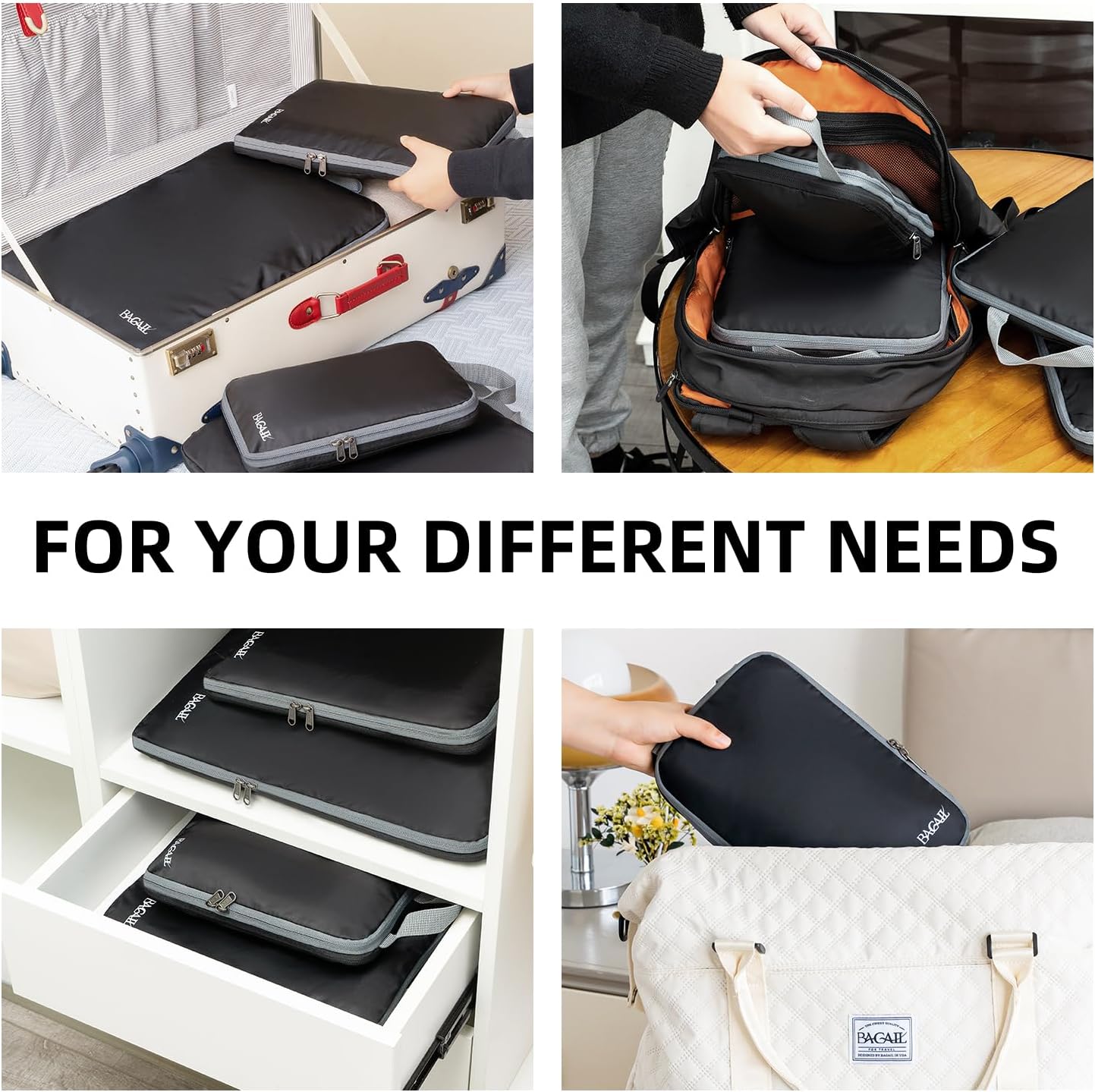 BAGAIL 4er-Set Kompressions-Packwürfel Reise-erweiterbare Packorganizer (Schwarz, 4er-Set)