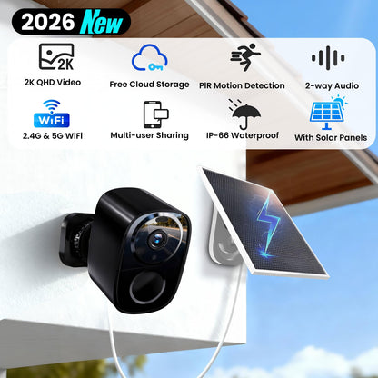 2026 Enhanced 2K UHD Security Cameras Wireless Outdoor – Free Cloud & SD Storage, Dual-Band WiFi 2.4G/5G, Full-Color Night Vision, 6-Month Battery, Motion Alerts, IP66 Weatherproof, 2-Way Talk
