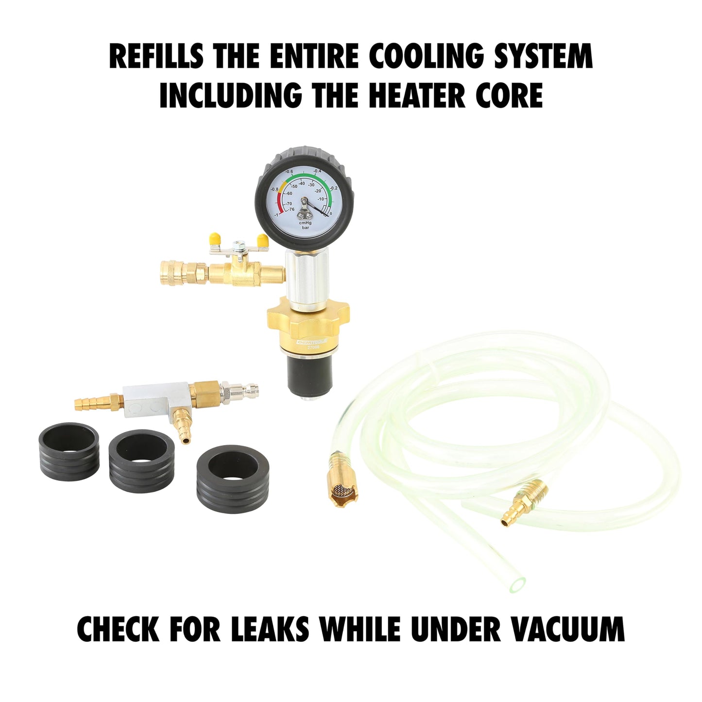 OEMTOOLS 24444 Coolant Vacuum Refill Kit, Coolant Pressure Tester Kit, 70–110 PSI Working Pressure, 5 Bushings, 1 Tapered Cone Adapter, Vacuum Leak Detector, Pressure Tester for Coolant System