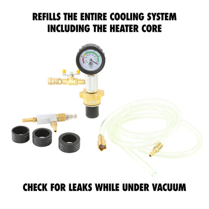 OEMTOOLS 24444 Coolant Vacuum Refill Kit, Coolant Pressure Tester Kit, 70–110 PSI Working Pressure, 5 Bushings, 1 Tapered Cone Adapter, Vacuum Leak Detector, Pressure Tester for Coolant System