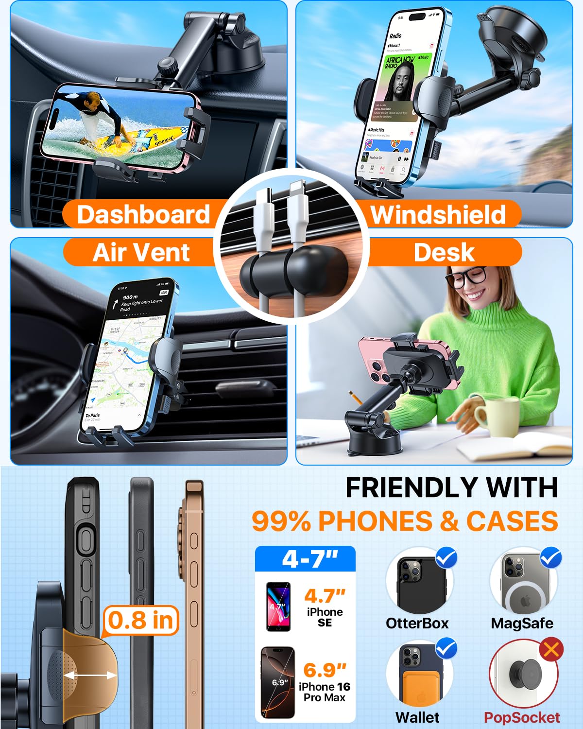 2026 Ultimate Best【True Military-Grade & Safety Cert】Car Phone Holder HTU【Upgraded 360 Rotation & 100+LBS Strongest Suction】5-in-1 Truck Windshield Dashboard Vent Mount Stand for iPhone Android, Black