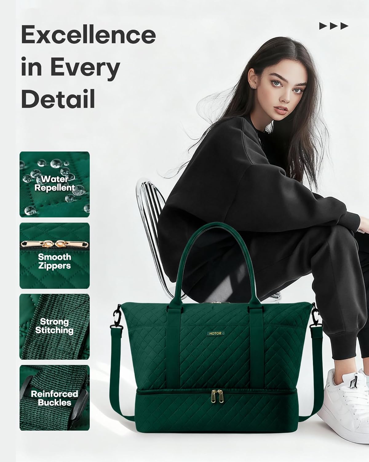 HOTOR Reisetasche - Große Weekender-Tasche für Frauen, Handgepäck mit Schuhfach, Übernachtungstasche mit Kulturtasche für Reiseutensilien und Reisezubehör, Schwarz, 34,0 x 45,0 x 20,0 cm
