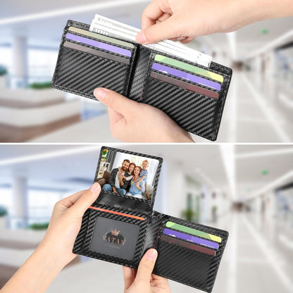 VATAN Herren Slim Wallet RFID Schutz Leder Kreditkartenetui für 15 Karten, Bifold Minimalistisches Dünnes Portemonnaie mit 2 Ausweisfenstern und Geldscheinfach, mit Geschenkbox (Carbon Fiber Schwarz)
