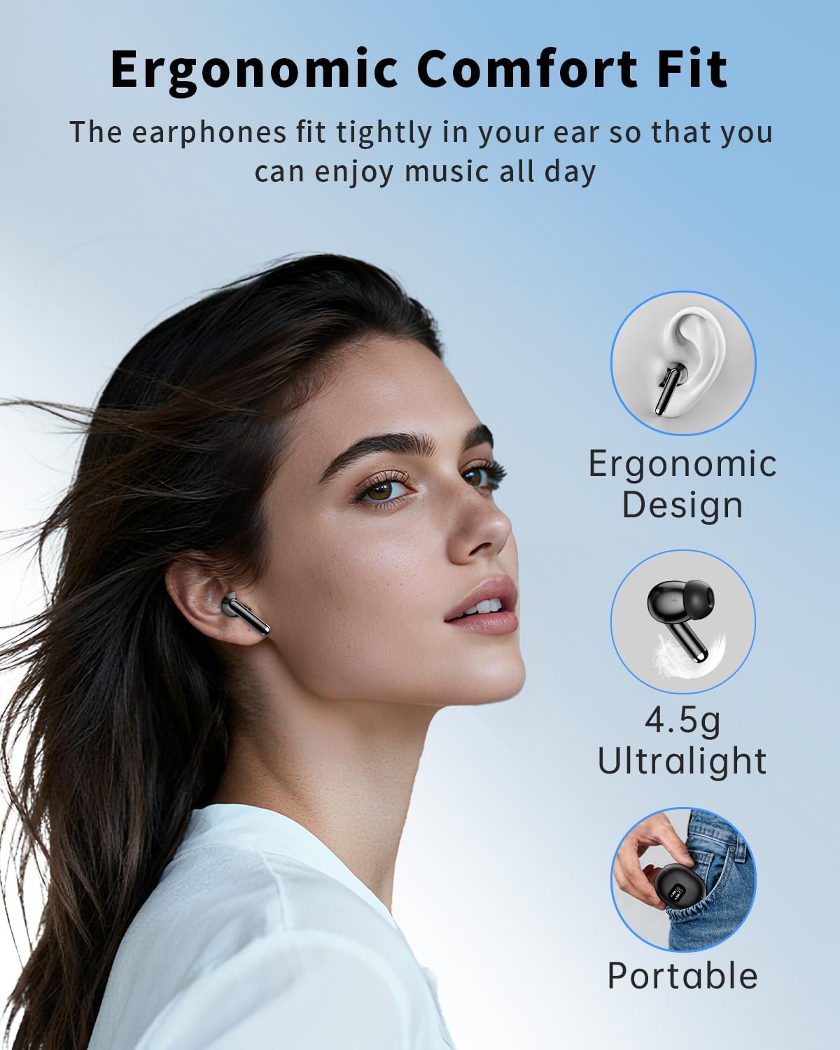 Wireless Earbuds, Bluetooth 5.4 Headphones with 50H Playback, Deep Bass Stereo Ear Buds Clear Calls with LED Power Display, Wireless Headphones with Noise Cancelling Mic for Phone/Laptop, Carbon black