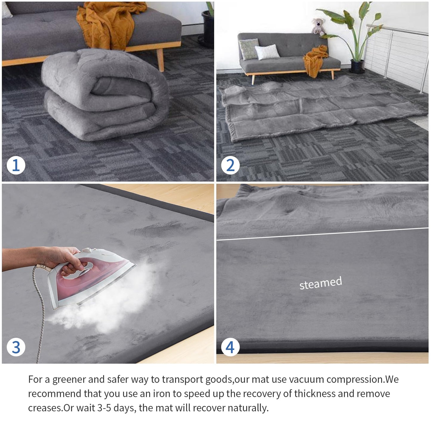 Huloo Sleep Ultra Soft Baby Spielmatte für den Boden, 3,3 cm dicke Elasti-Foam 127x127 cm Laufgittermatte für Kleinkinder, rutschfeste Rückseite, sicher zum Krabbeln und für die Bauchlage, Tatami-Stil (Dunkelgrau)