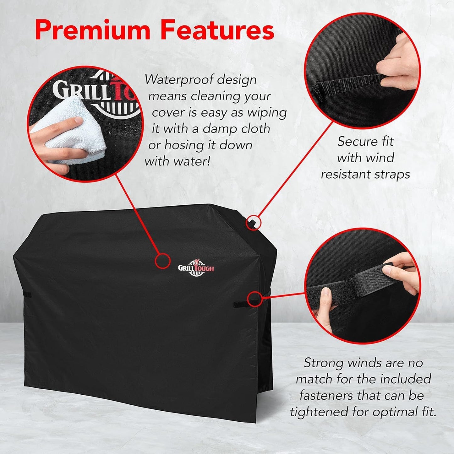 GrillTough Heavy Duty Grillabdeckung für Außengrill, 147 cm – wasserdicht, wetterbeständig, UV- & lichtbeständig mit Befestigungsriemen – Gasgrill Abdeckung für Weber, Genesis, Charbroil etc. Schwarz
