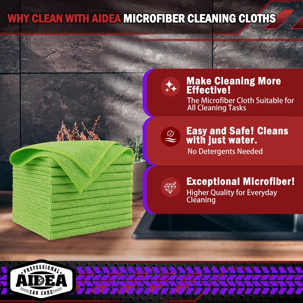 AIDEA Microfiber Cleaning Cloths-50PK, Microfiber Towels for Cars, Premium All-Purpose Car Cloth, Dusting Cleaning Rags, Absorbent Towels for SUVs, House, Kitchen, Window, Gift-12×12"