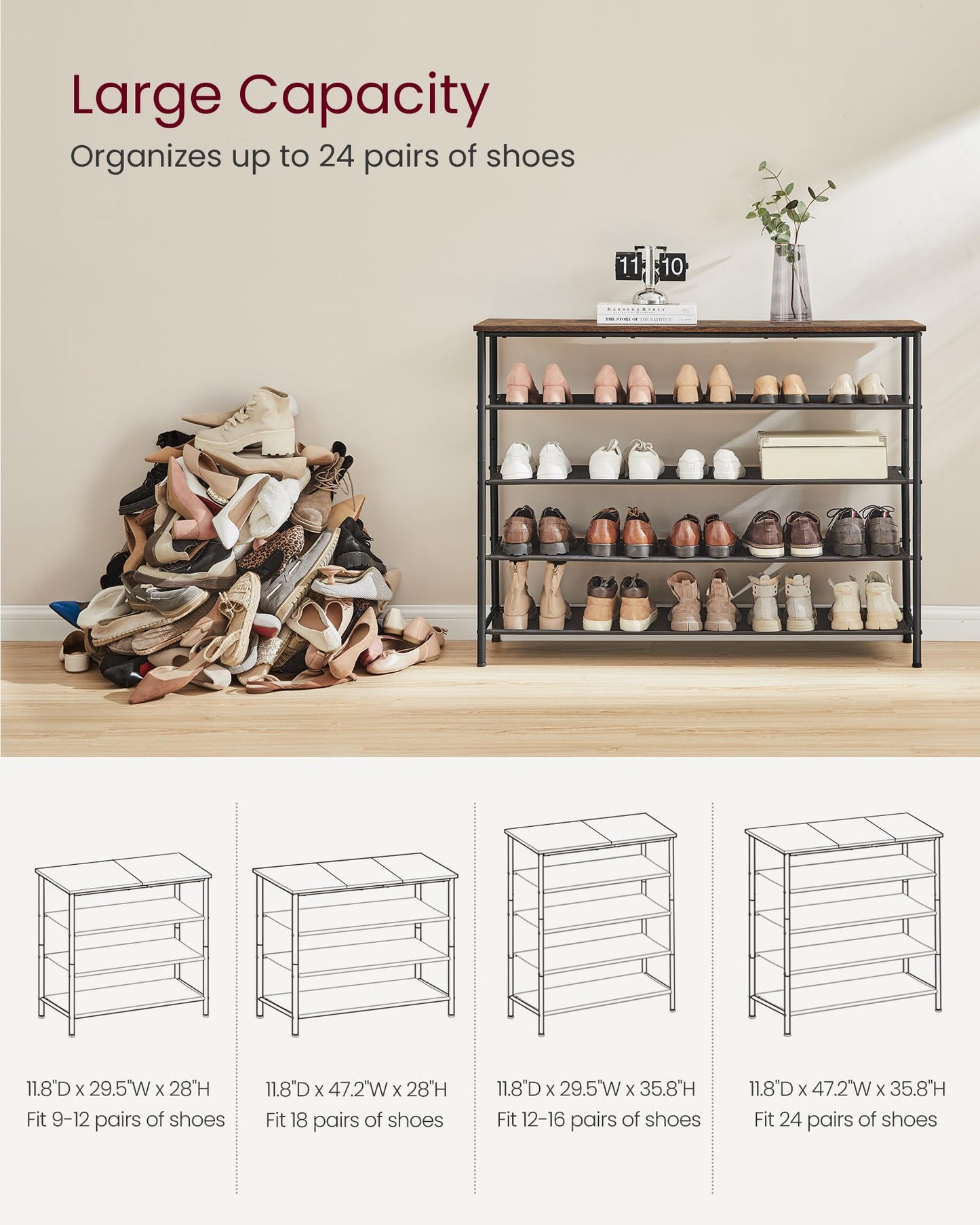 VASAGLE Shoe Rack, 4-Tier Shoe Storage Organizer for Entryway and Closet, Holds 9-12 Pairs of Shoes, 3 Fabric Shelves, Steel Frame, Industrial, Rustic Brown and Black ULBS035B01