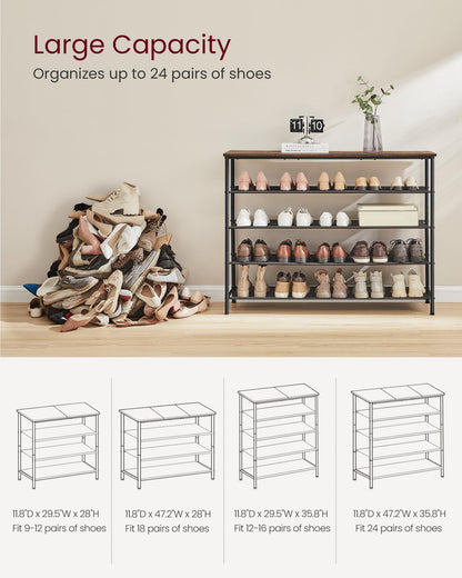 VASAGLE Shoe Rack, 4-Tier Shoe Storage Organizer for Entryway and Closet, Holds 9-12 Pairs of Shoes, 3 Fabric Shelves, Steel Frame, Industrial, Rustic Brown and Black ULBS035B01