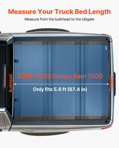 VEVOR Weiche aufrollbare Ladeflächenabdeckung, kompatibel mit 2019–2024 Dodge Ram 1500 Classic, 2003–2025 Ram 2500 3500, passend für 1,95 m (6 Fuß 4 Zoll/76 Zoll) Ladefläche, PVC-Abdeckung mit Aluminiumlegierungsstangen