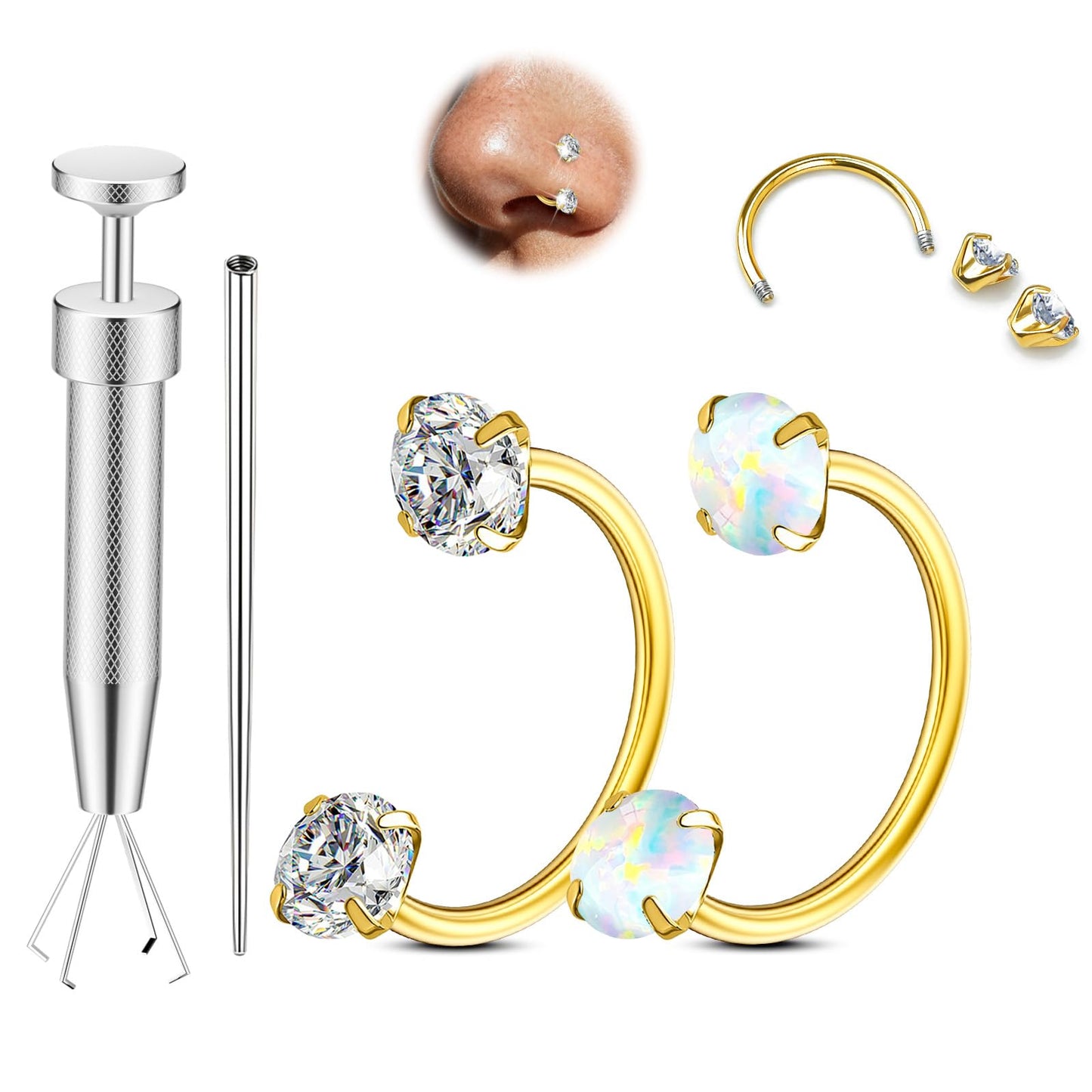 Opal Nose Ring Studs Horseshoe Nose Rings Hoops Stud 316L Stainless Steel Nose Rings Round CZ Square Screw L Shaped Nose Stud Hypoallergenic Nostril Piercing Jewelry for Women Men