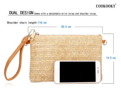 COOKOOKY Damen Stroh-Clutch, böhmische Reißverschluss-Handgelenktasche, Sommer Strand Meer Geldbörse (Beige-Weiß)
